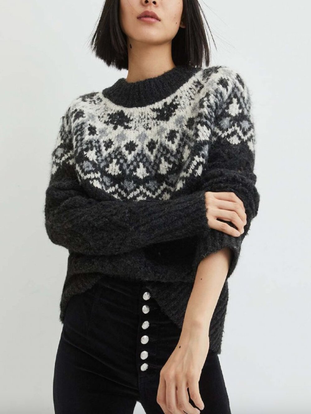 $498 Veronica Beard Gray Fair Isle Jerin Knit Sweater size Small